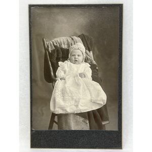 1800s FW Sander Monee IL Baby Frilly Bonnet Chair Black White Vintage Photograph